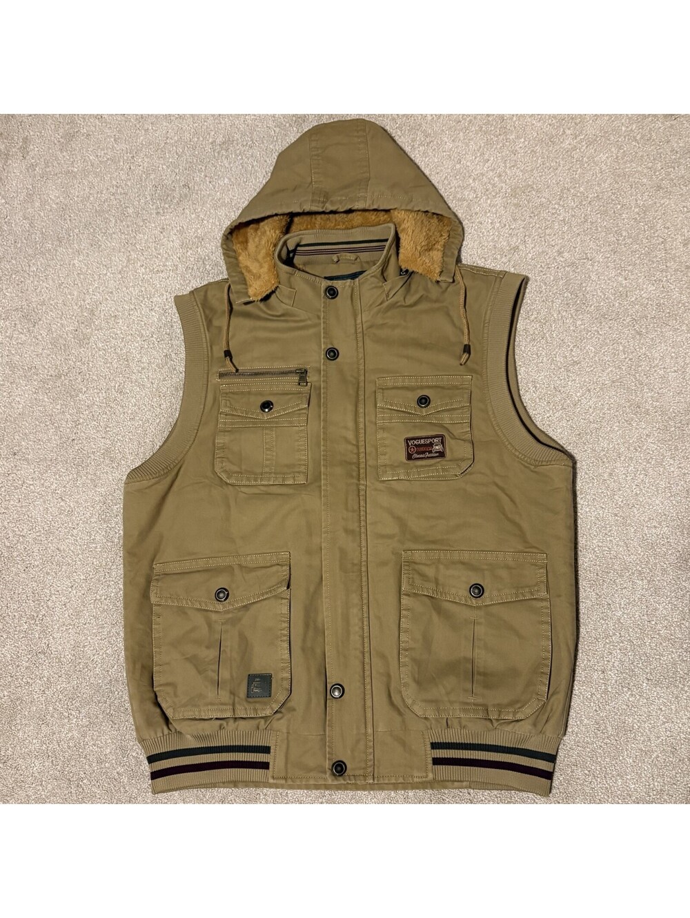 Classic Military Supply Series Mens L Gilet Cargo Vest Removable Hood Tan Sherpa